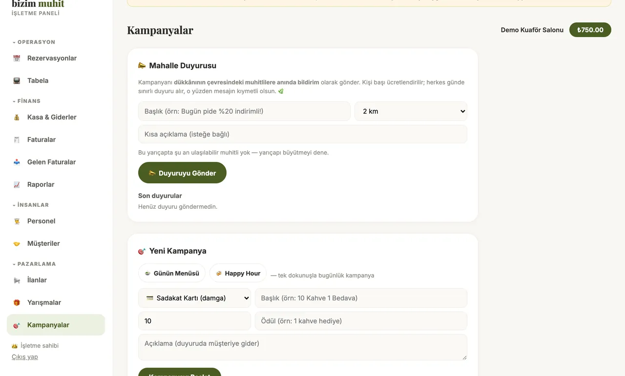 Kampanyalar — Mahalle Duyurusu ve yeni kampanya