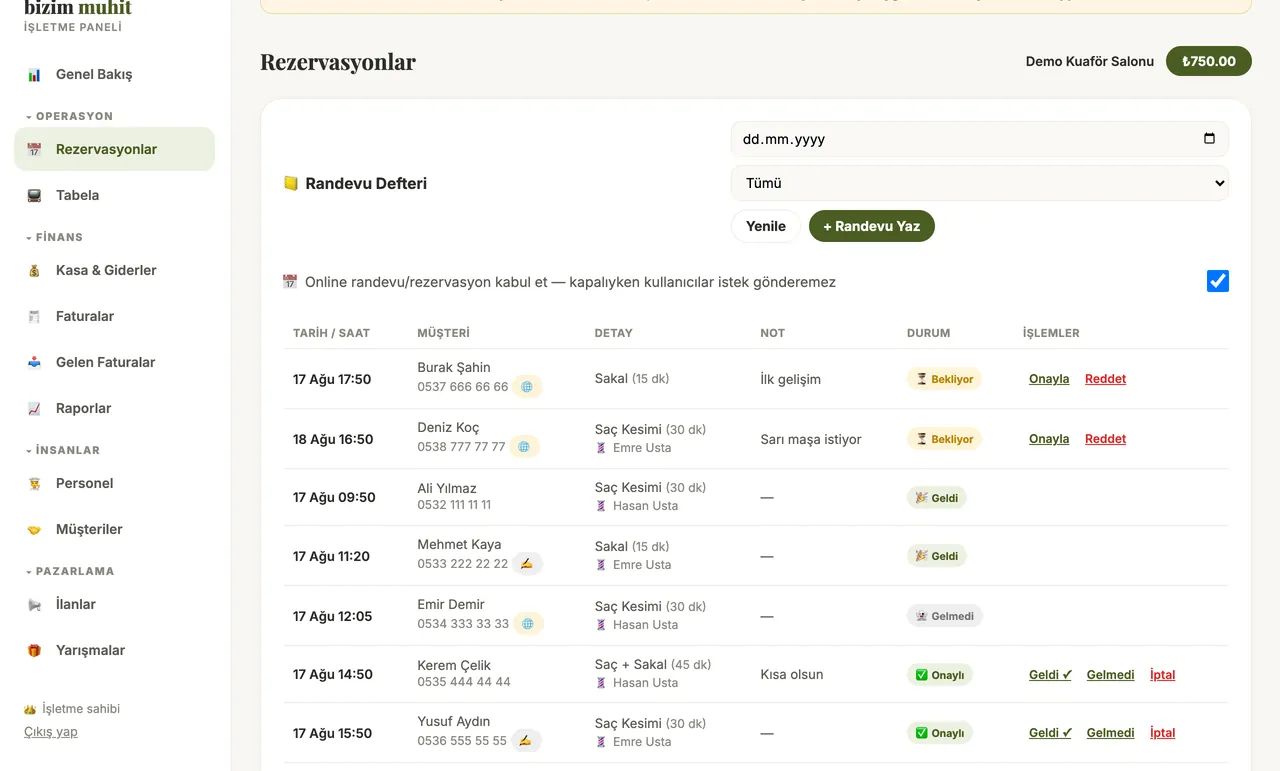 Rezervasyonlar — Randevu Defteri