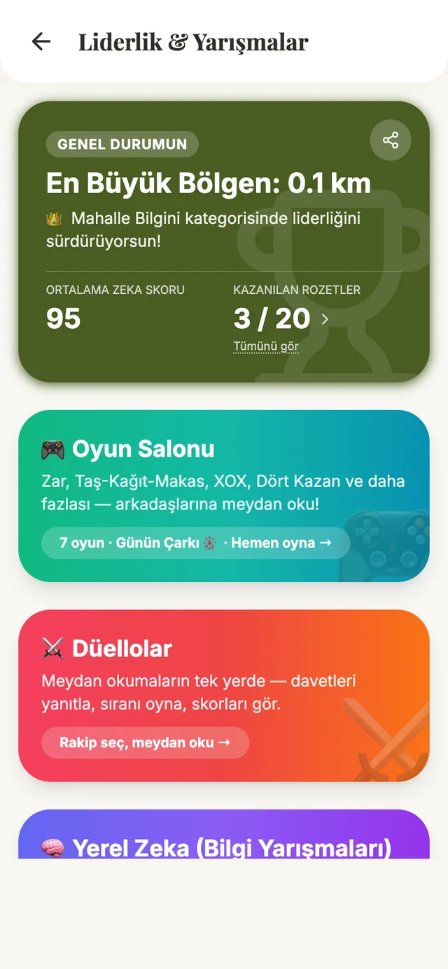 Liderlik & Yarışmalar ekranı